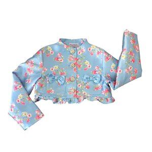 Blueberi Boulevard Floral Satin Jacket Girl Sz 6 Big Rhinestone Buttons Long Slv